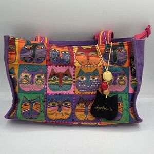 Laurel Burch CAT FACES Handbag Totebag With Sequin Accents  Wood Bag Charm